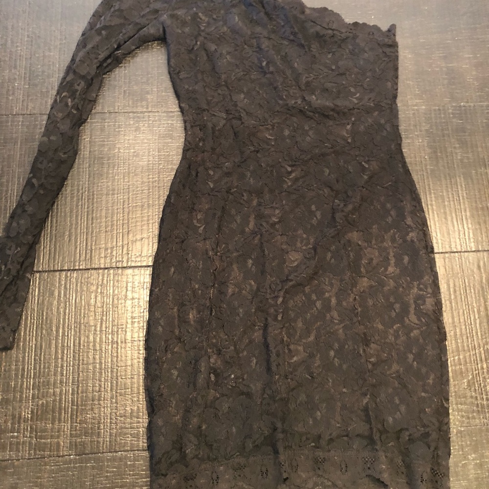 One sleeve black lace dress